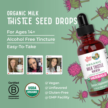 Sugar free organic milk thistle liquid dietary supplement for adult wellness routine.