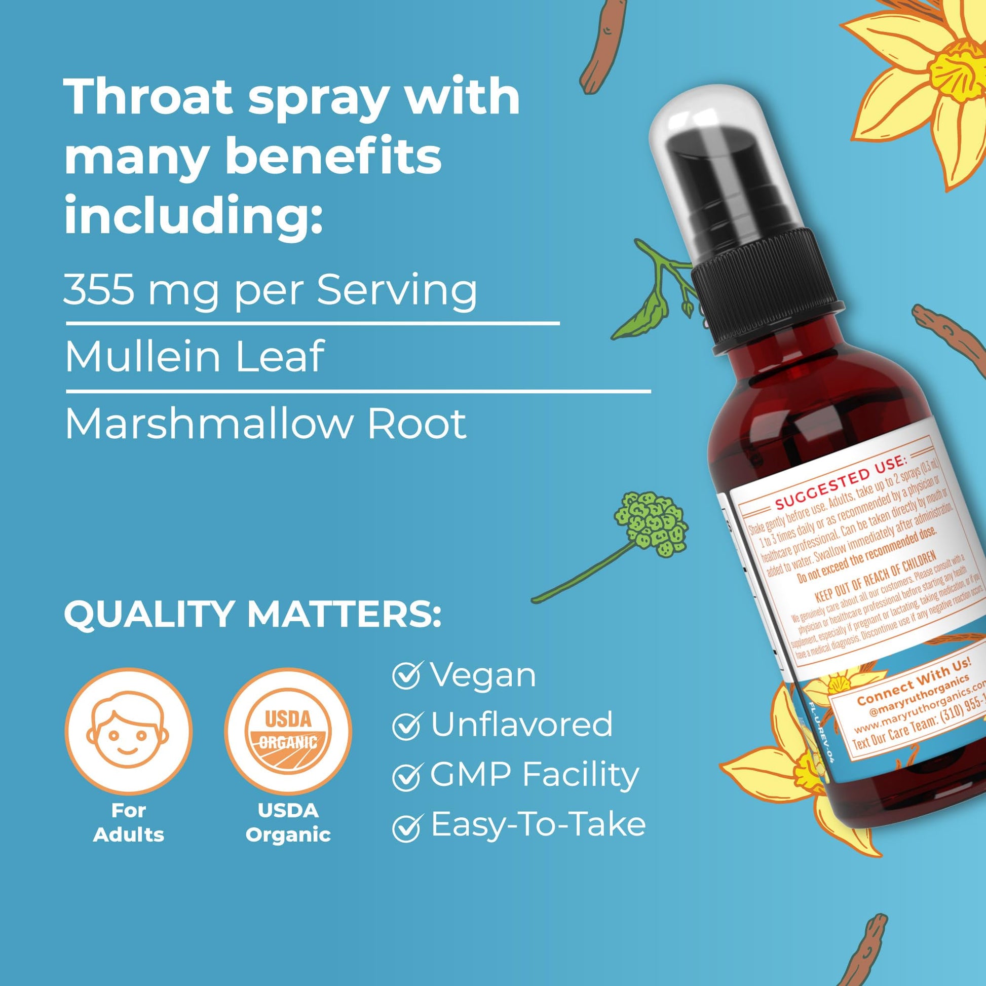 MaryRuth Organics throat spray bottle with spray nozzle