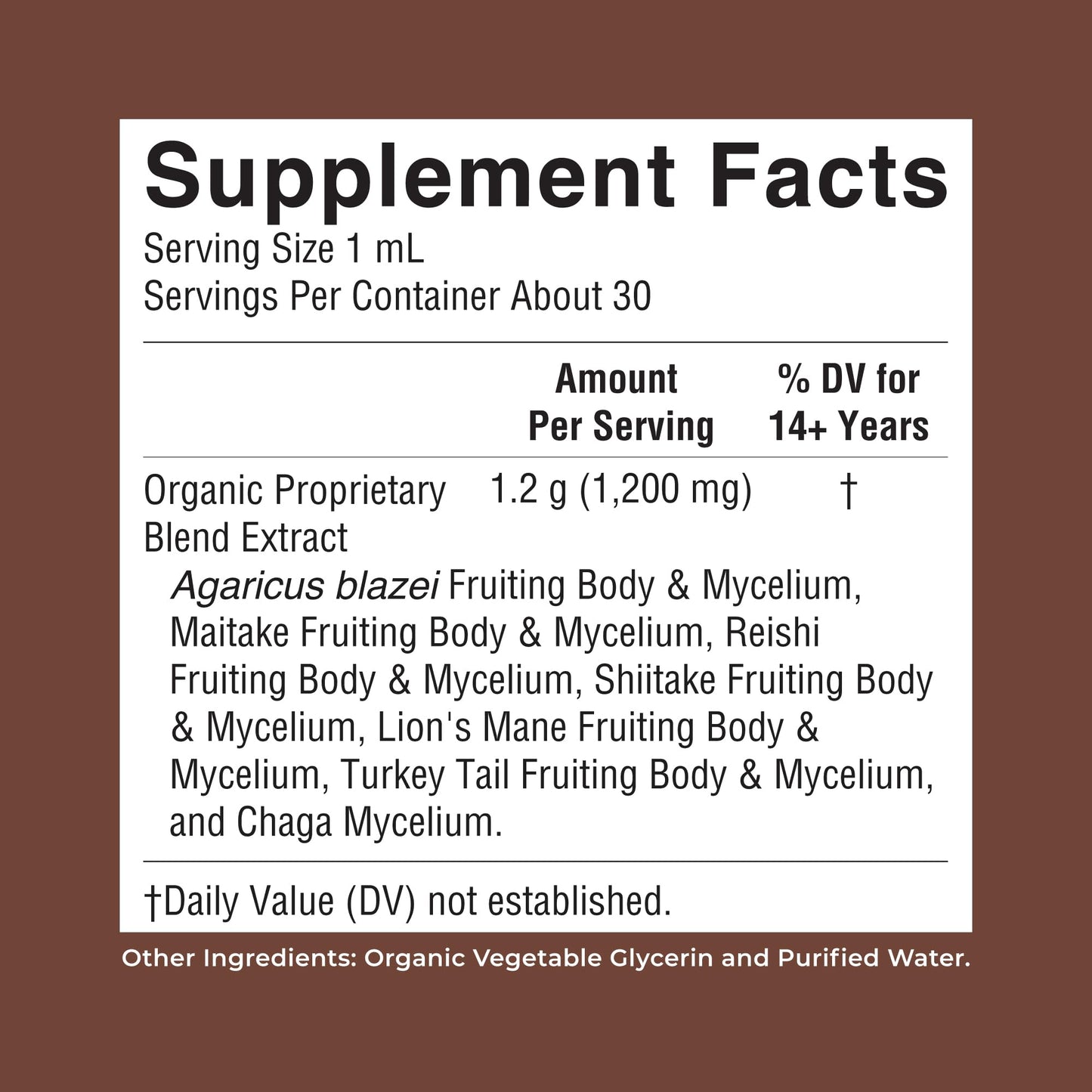 Alcohol free organic mushroom complex tincture bottle showing premium dropper.
