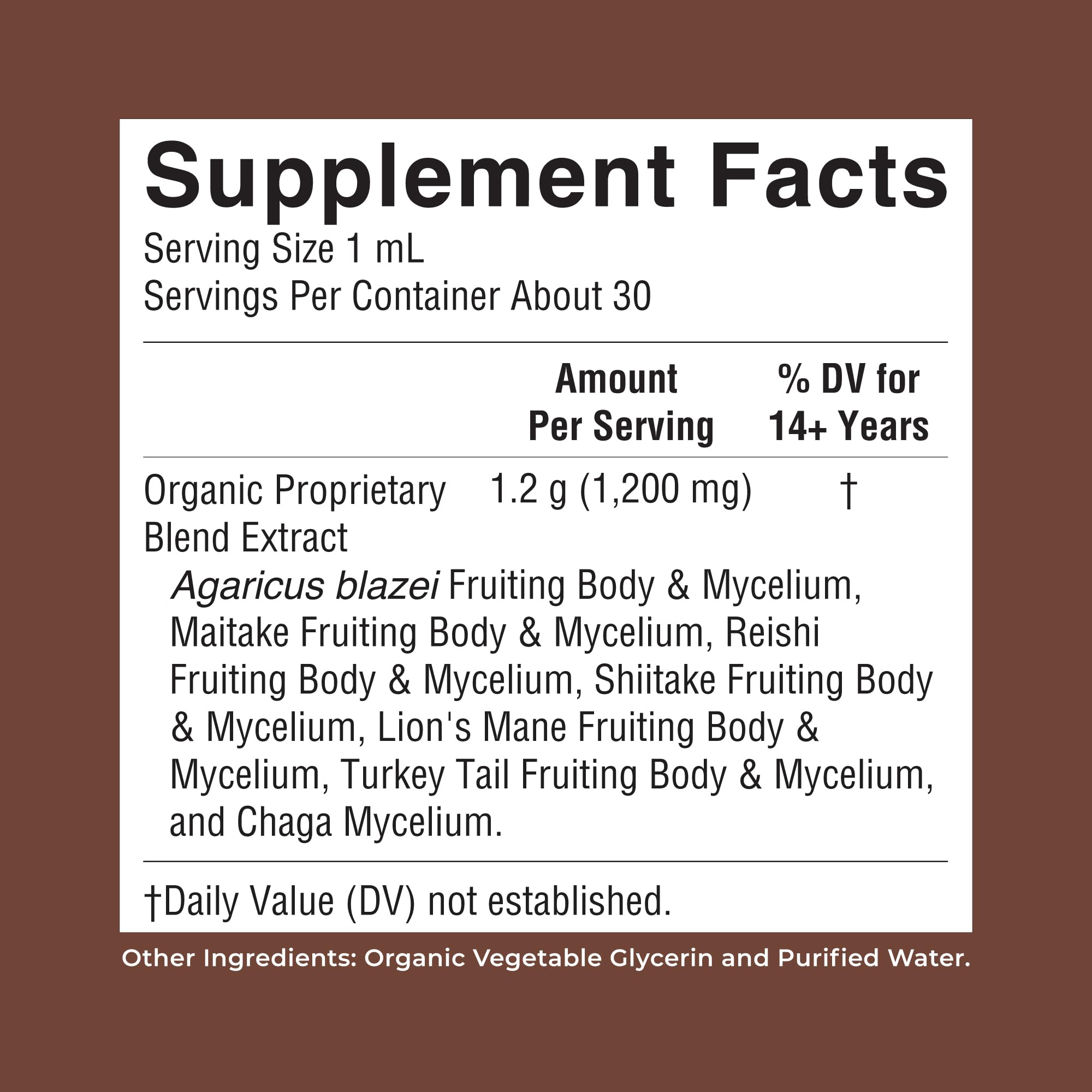 Alcohol free organic mushroom complex tincture bottle showing premium dropper.