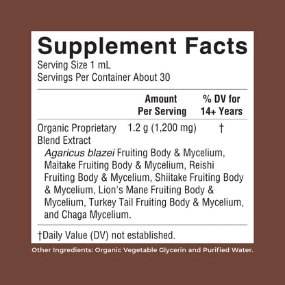 Alcohol free organic mushroom complex tincture bottle showing premium dropper.