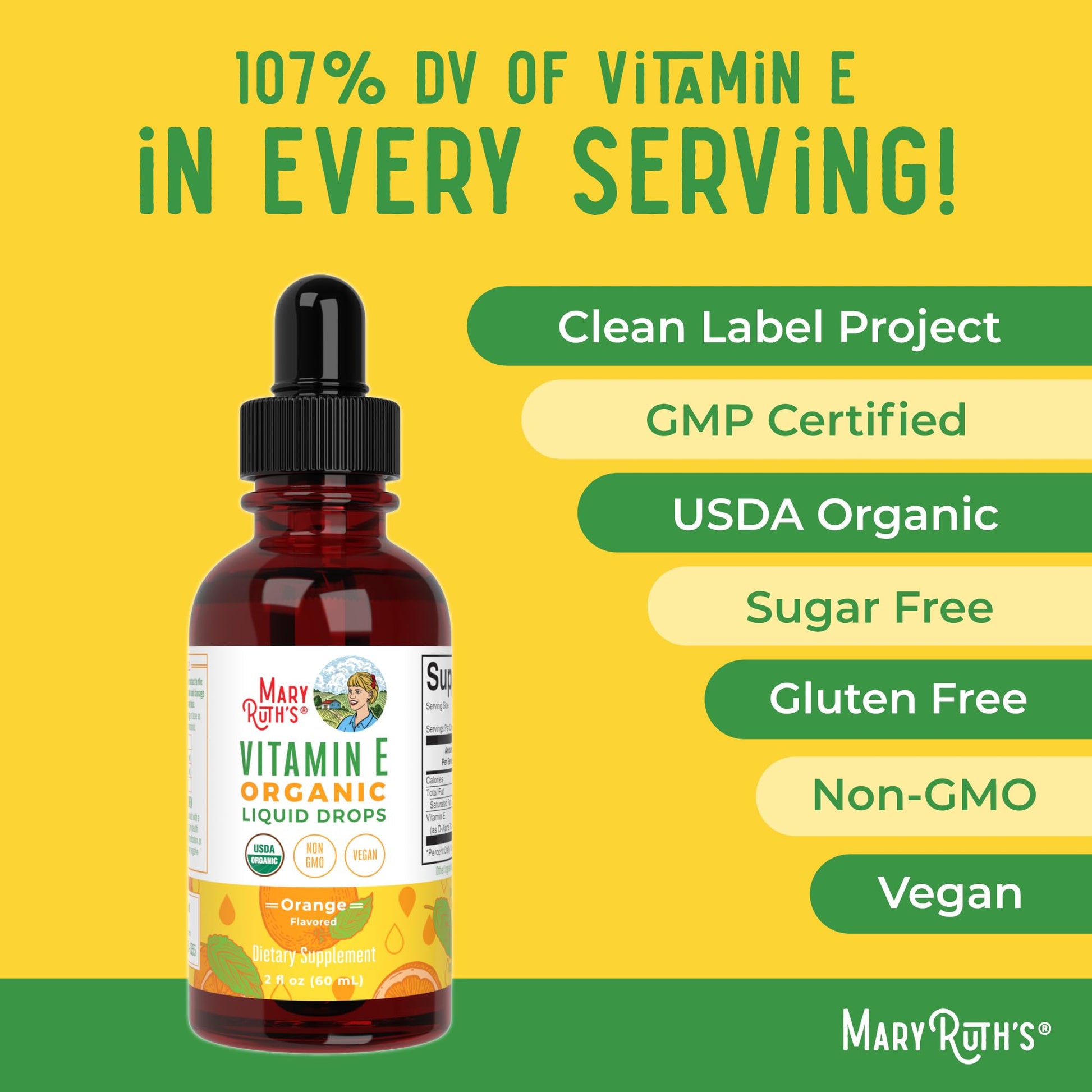 MaryRuth Organics USDA Organic certified seal and vegan product labeling on vitamin E bottle