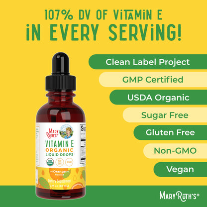 MaryRuth Organics USDA Organic certified seal and vegan product labeling on vitamin E bottle