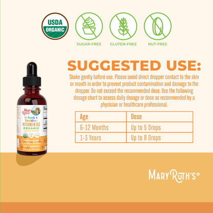 MaryRuth Organics vegan cholecalciferol drops for children showing clean label project certified emblem on side panel