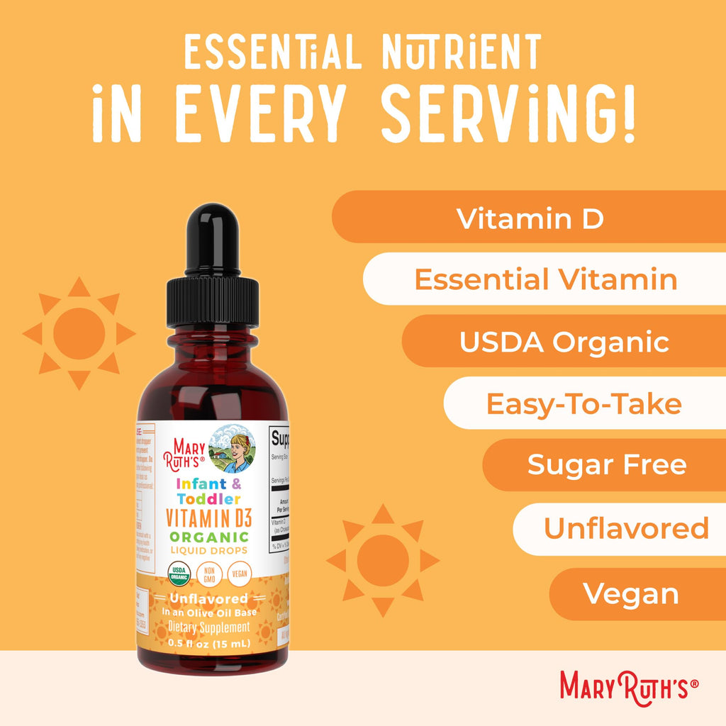 MaryRuth Organics infant vitamin d3 supplement box and bottle display