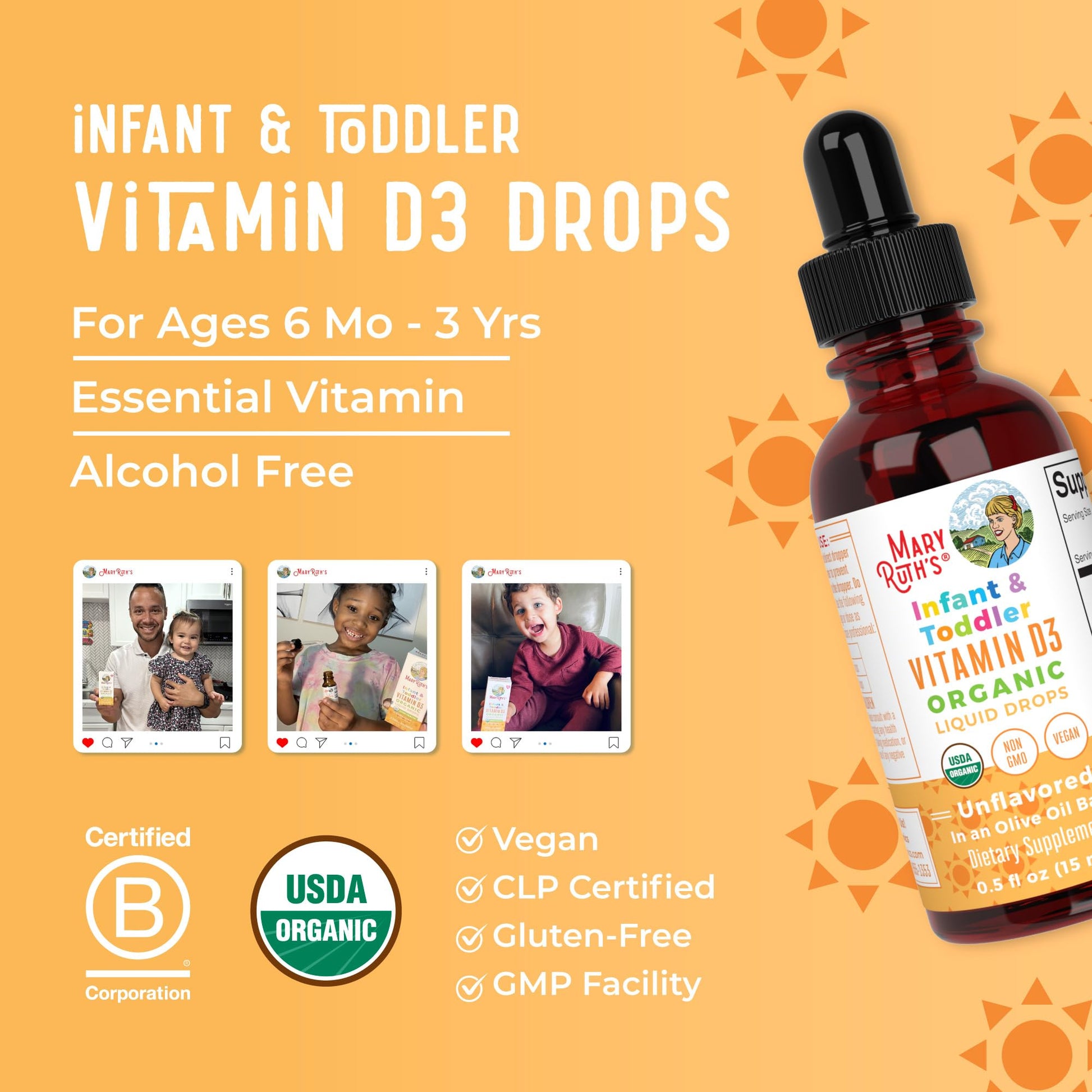 MaryRuth Organics authentic USA imported toddler vitamin D3 packaging detailing age specifications from six months to three years