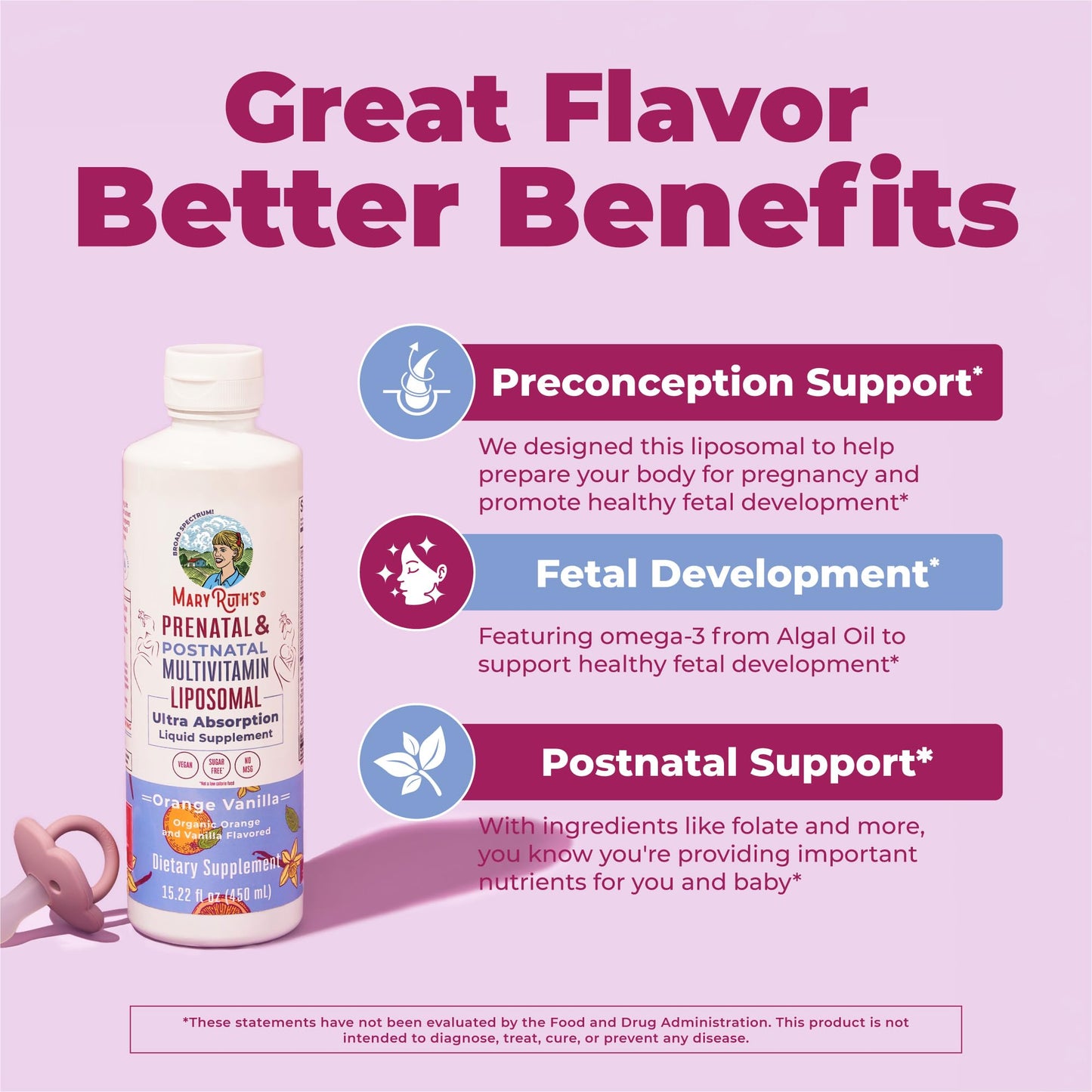 MaryRuth Organics prenatal vitamin packaging showing orange vanilla flavor
