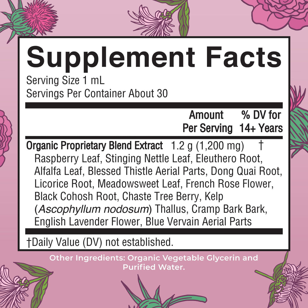 USDA Organic certified menstrual support herbal supplement drops label details