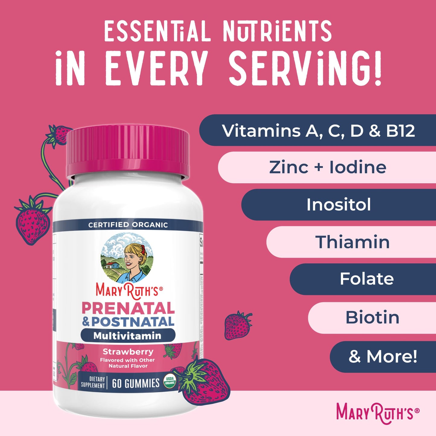 Side view of MaryRuth Organics prenatal gummy bottle showing serving size
