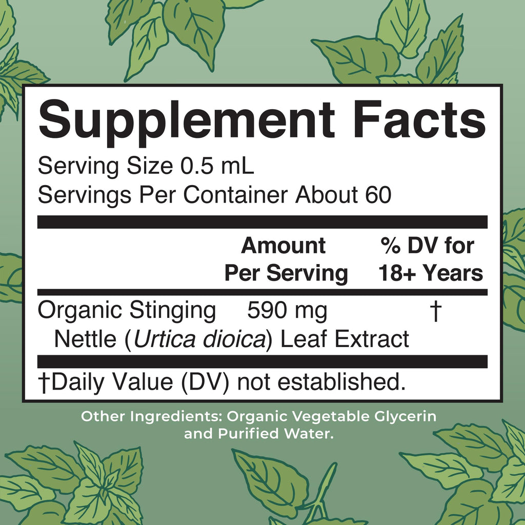 MaryRuth Organics stinging nettle liquid extract organic label and supplement facts on back packaging.