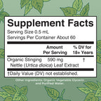 MaryRuth Organics stinging nettle liquid extract organic label and supplement facts on back packaging.