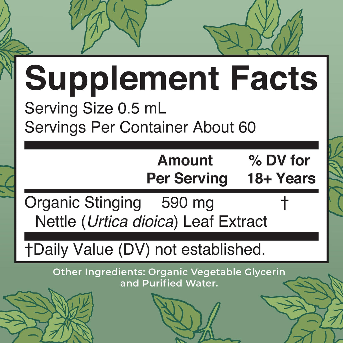 MaryRuth Organics stinging nettle liquid extract organic label and supplement facts on back packaging.
