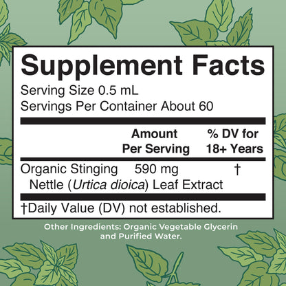 MaryRuth Organics stinging nettle liquid extract organic label and supplement facts on back packaging.