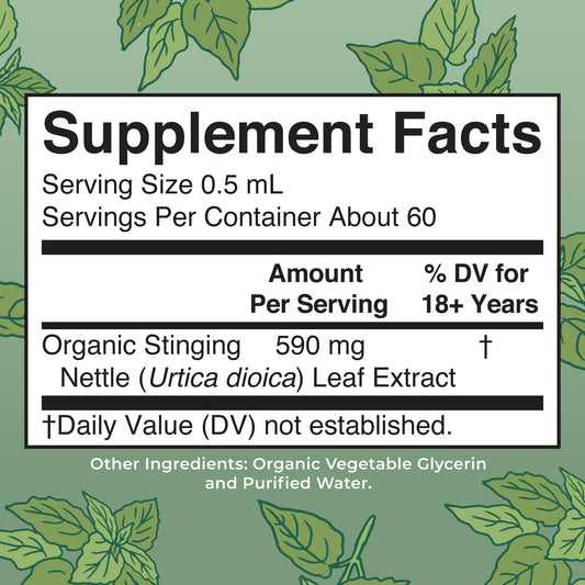 MaryRuth Organics stinging nettle liquid extract organic label and supplement facts on back packaging.