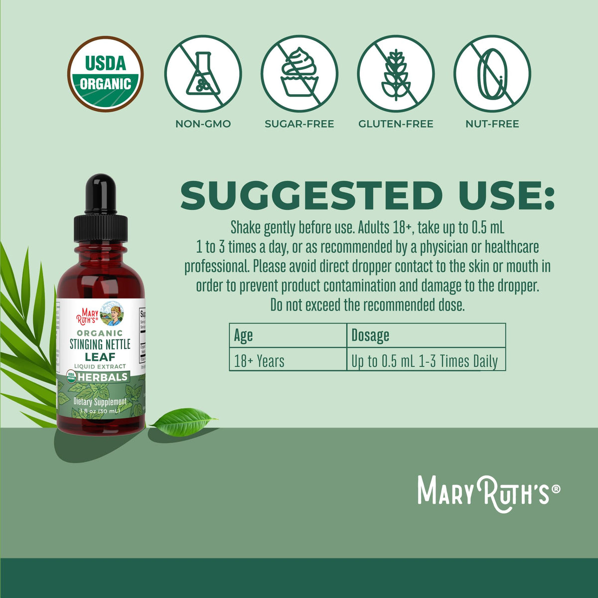 Maryruth's herbal liquid drops dropper assembly showing transparent liquid tincture dosage.