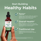Authentic MaryRuth Organics herbal tincture bottle alongside fresh green nettle leaves representation.