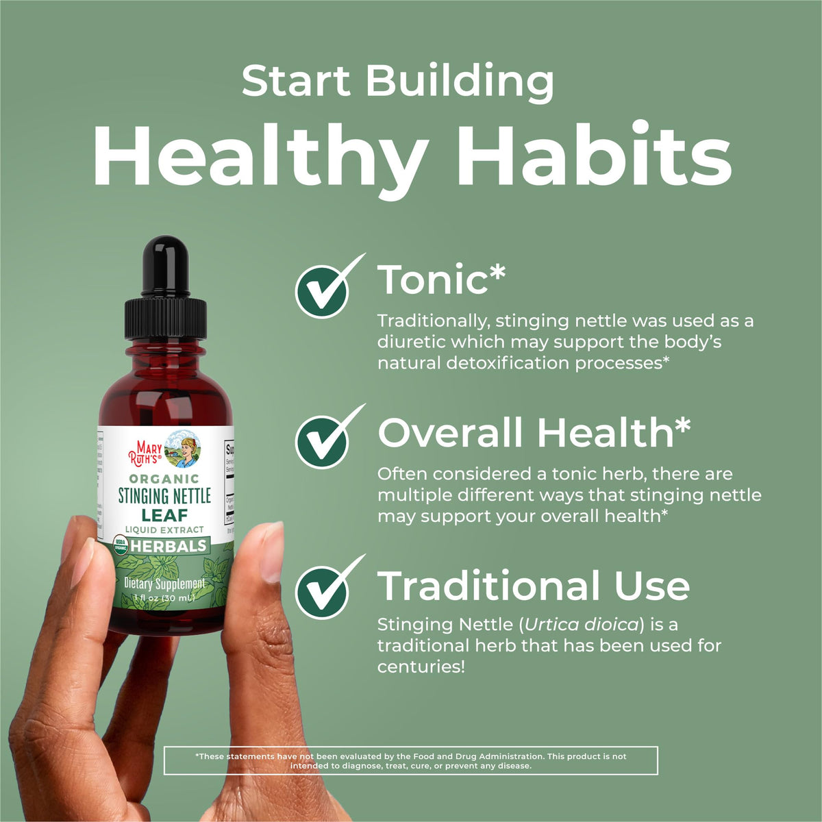 Authentic MaryRuth Organics herbal tincture bottle alongside fresh green nettle leaves representation.