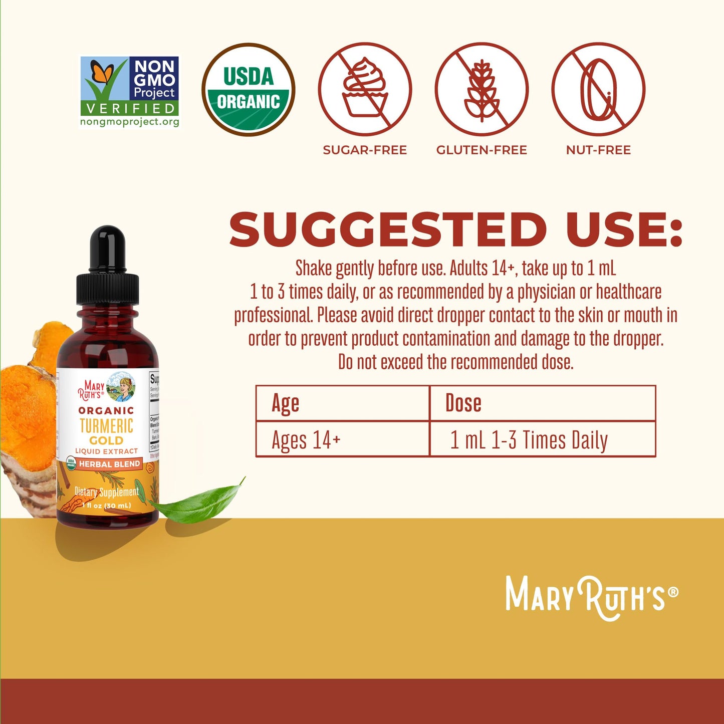 MaryRuth Organics organic turmeric liquid extract bottle highlighting vegan and non GMO certifications