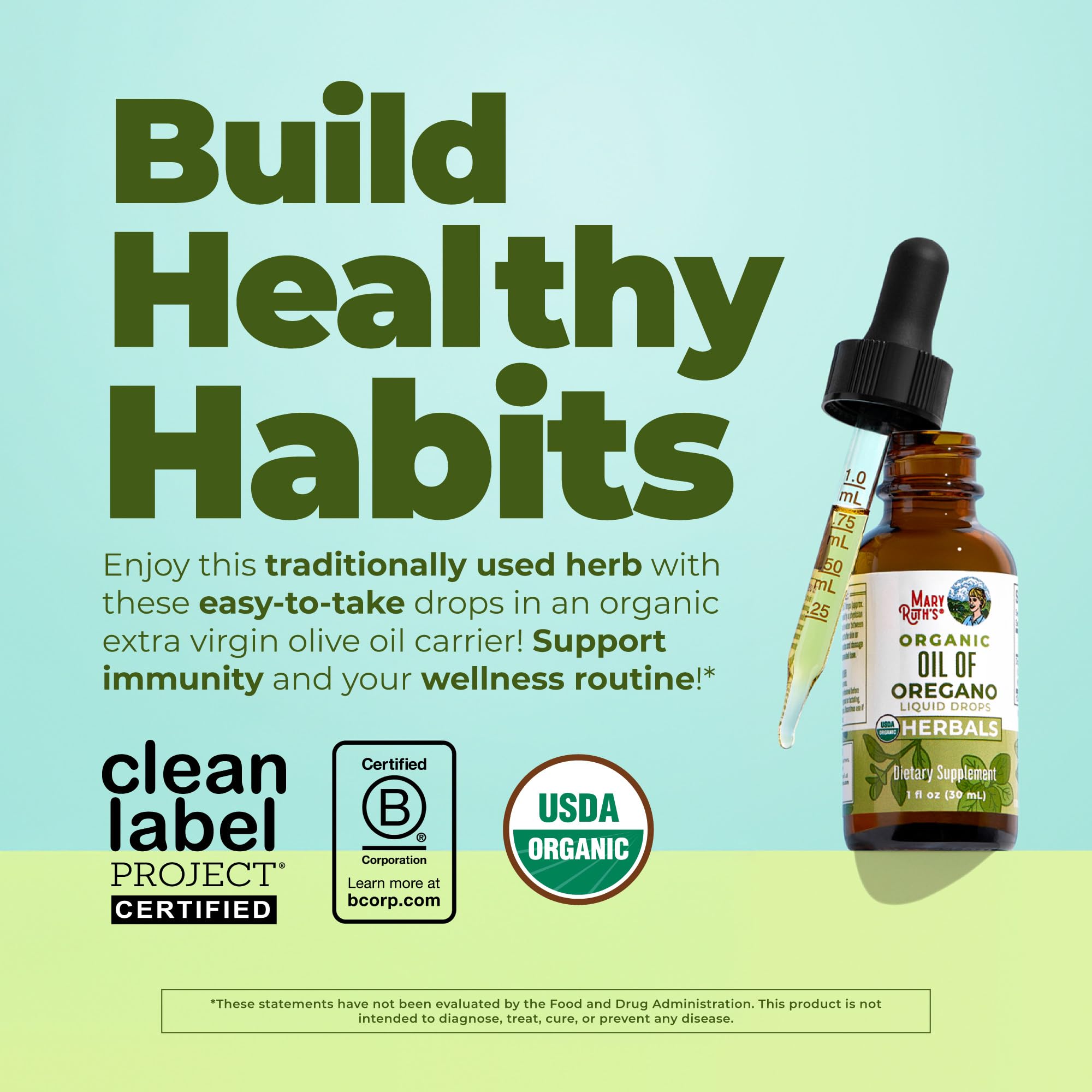 MaryRuth Organics Oil of Oregano Liquid supplement label showing USDA Organic seal