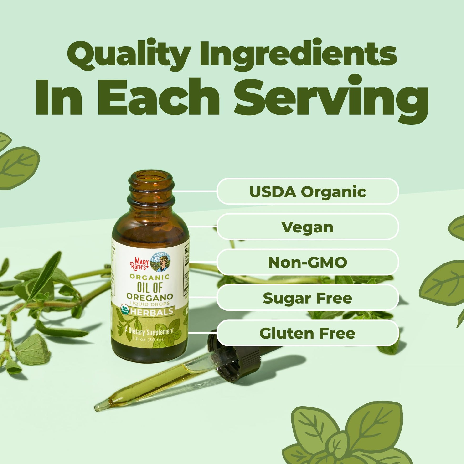 MaryRuth's liquid oregano supplement showing the carvacrol potency text on label