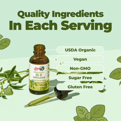 MaryRuth's liquid oregano supplement showing the carvacrol potency text on label