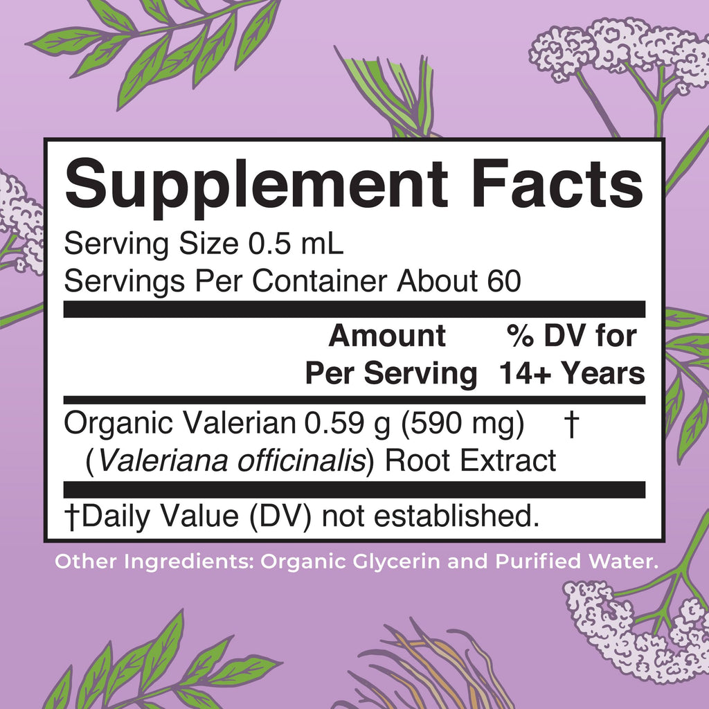 MaryRuth's Valerian Root 1 fluid ounce bottle showing USDA Organic and vegan certifications