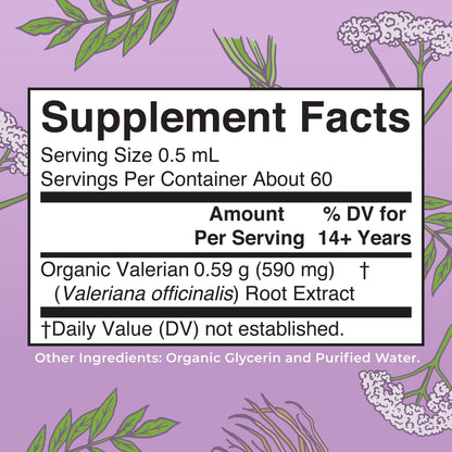 MaryRuth's Valerian Root 1 fluid ounce bottle showing USDA Organic and vegan certifications