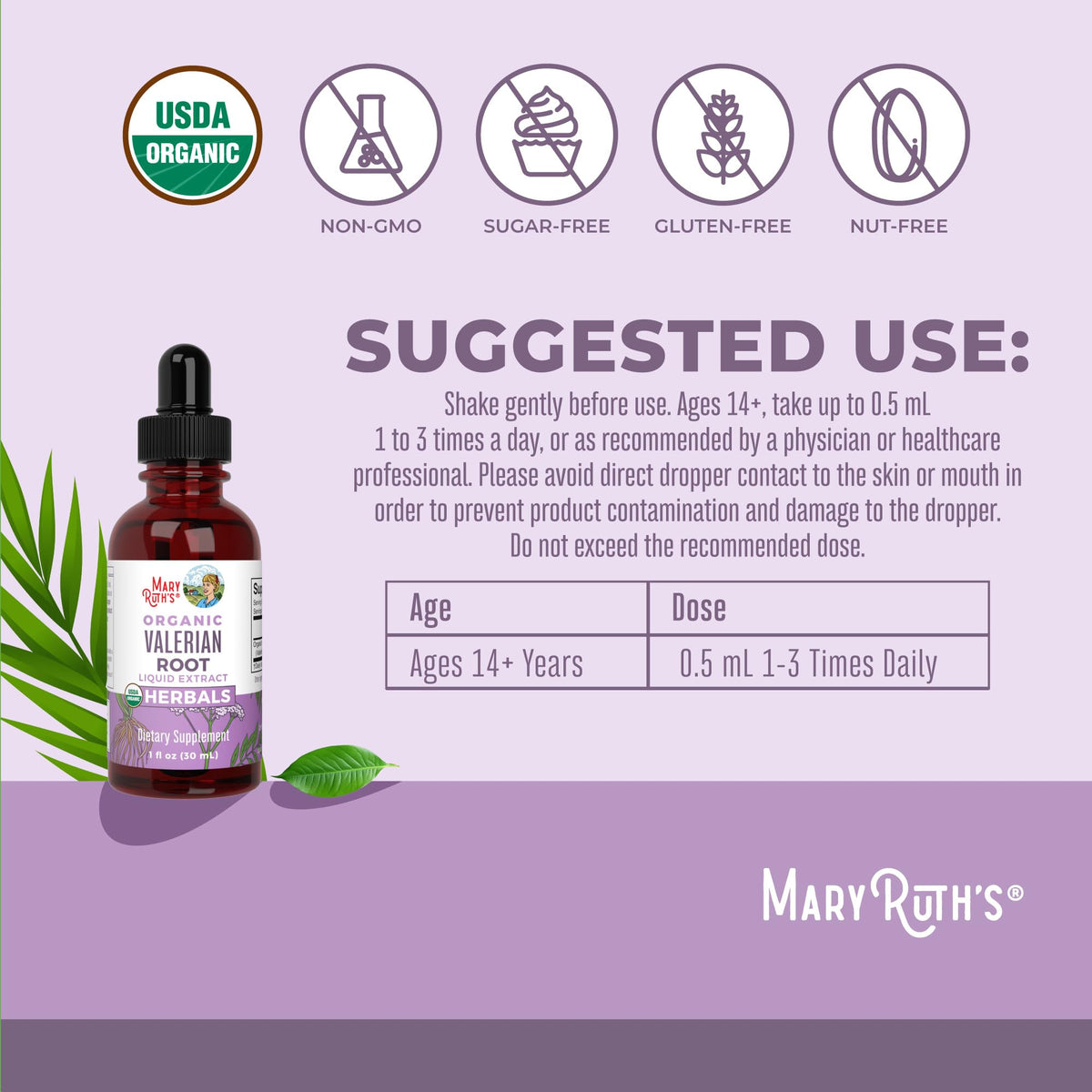 Supplement facts and clean ingredients label on MaryRuth's Valerian Root Liquid Extract