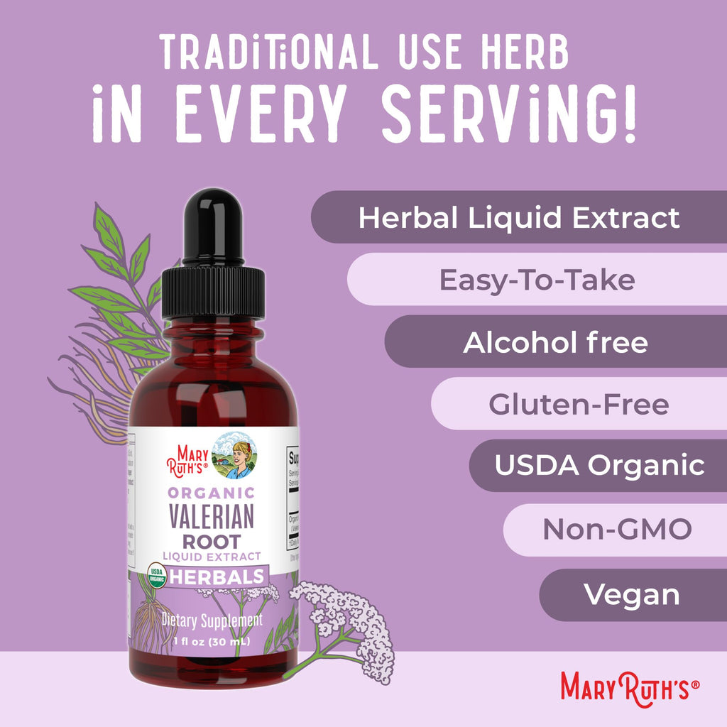 MaryRuth's Valerian Root sleep aid tincture bottle displayed with organic lifestyle elements