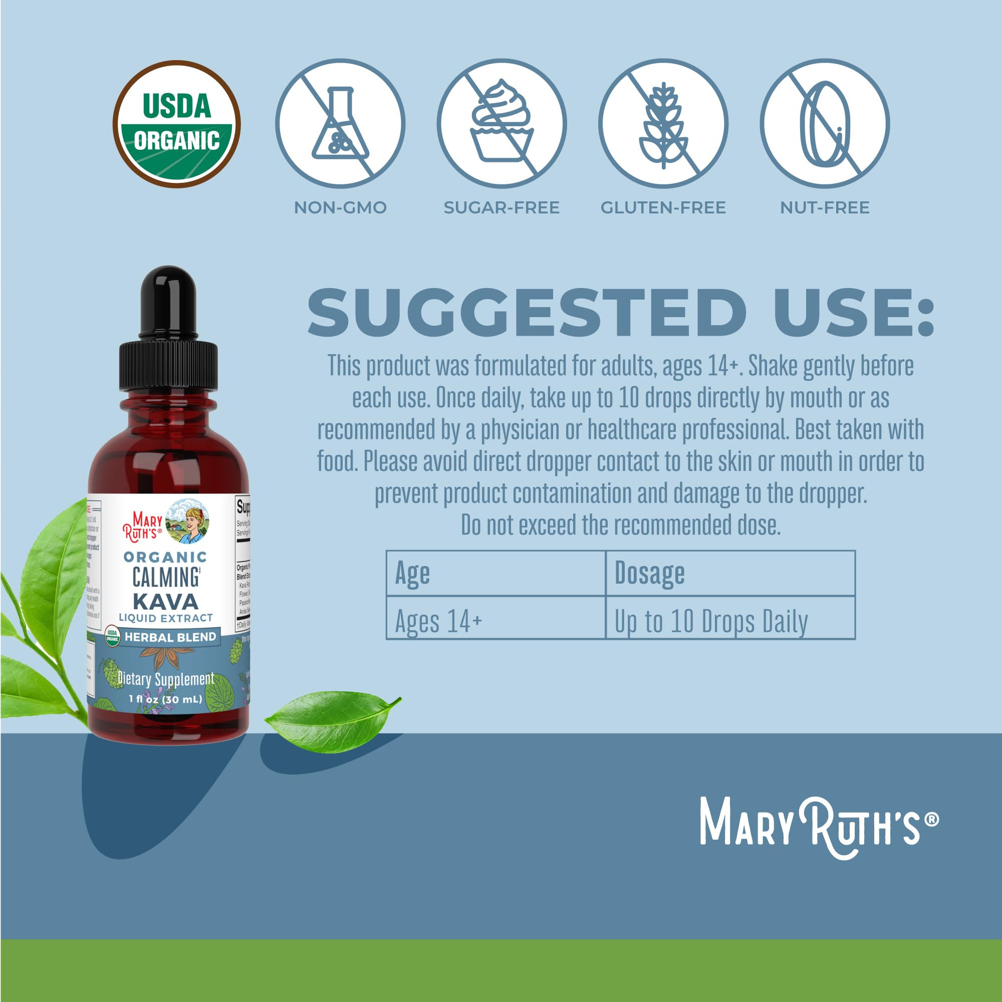 MaryRuth's Organic Calming Kava Liquid Drops ingredient panel listing herbal blend milligrams