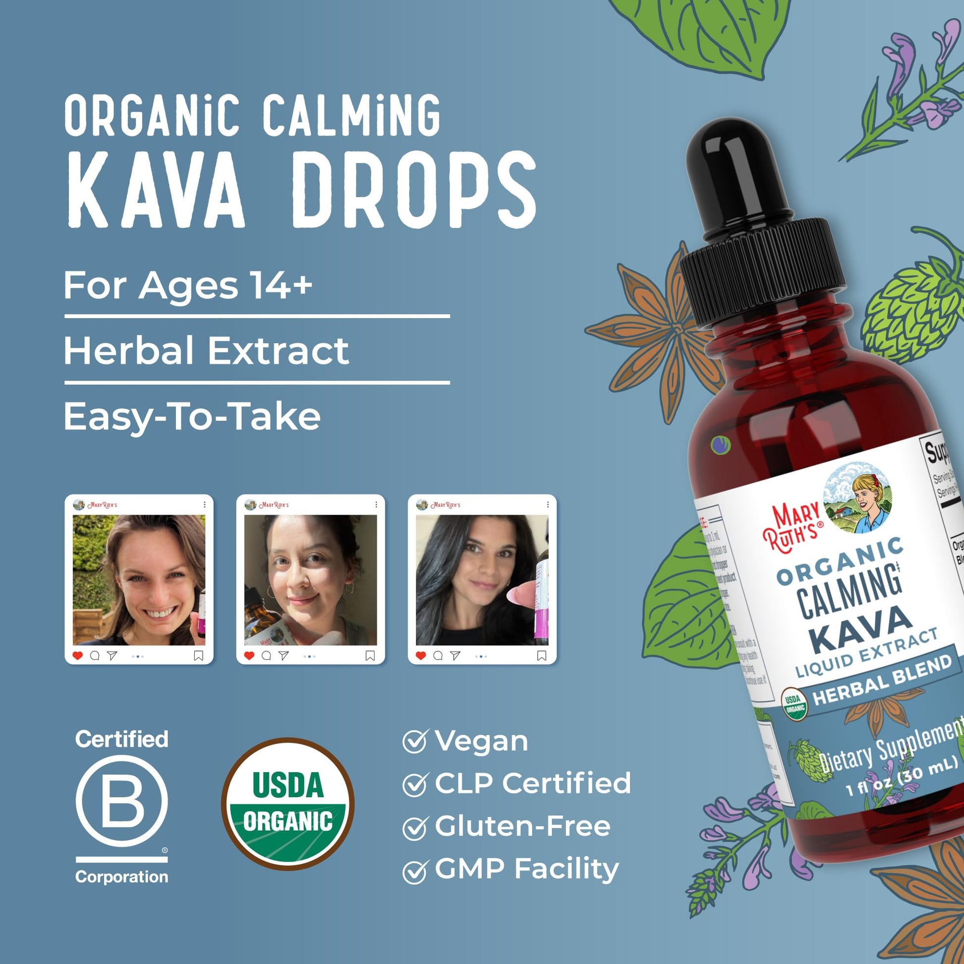 MaryRuth's unflavored Kava alcohol free liquid tincture inside clear glass dropper