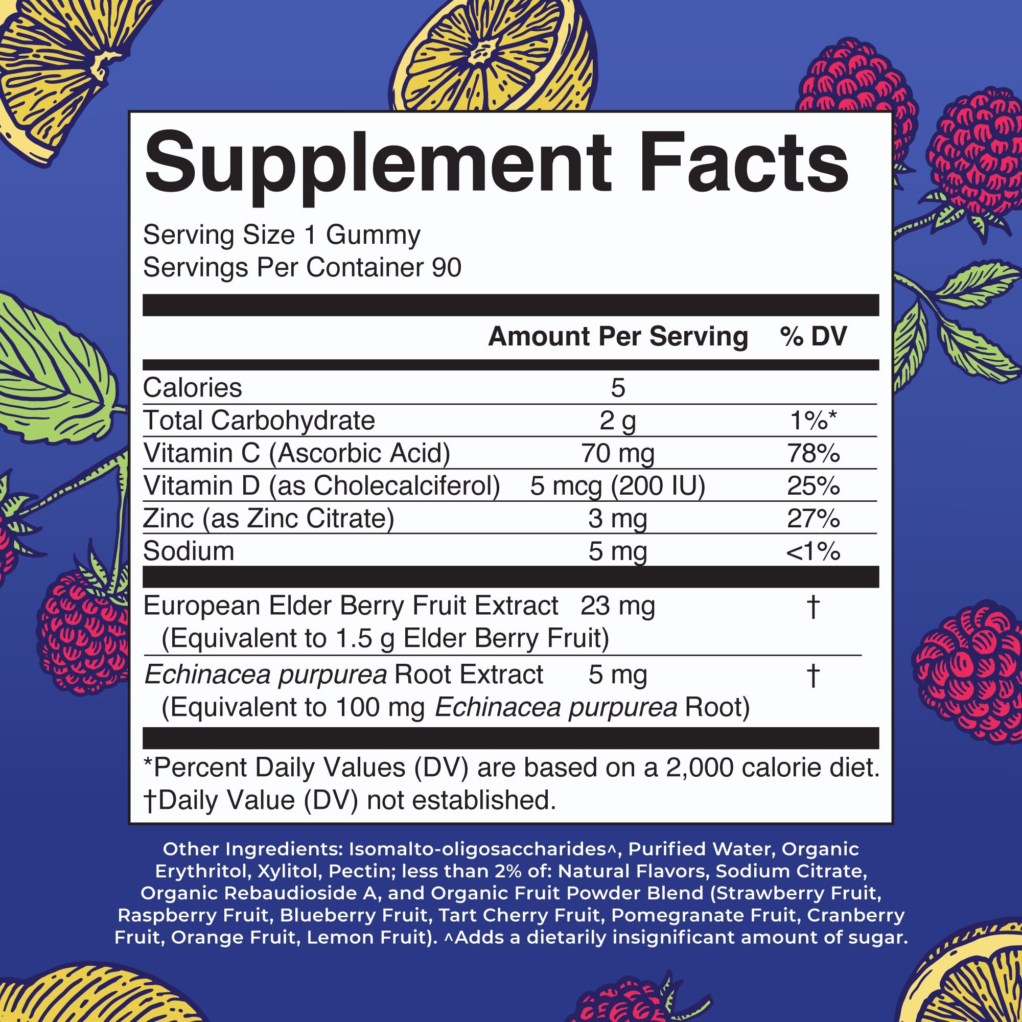 MaryRuth Organics Elderberry Vitamin C Zinc dietary supplement nutritional information label