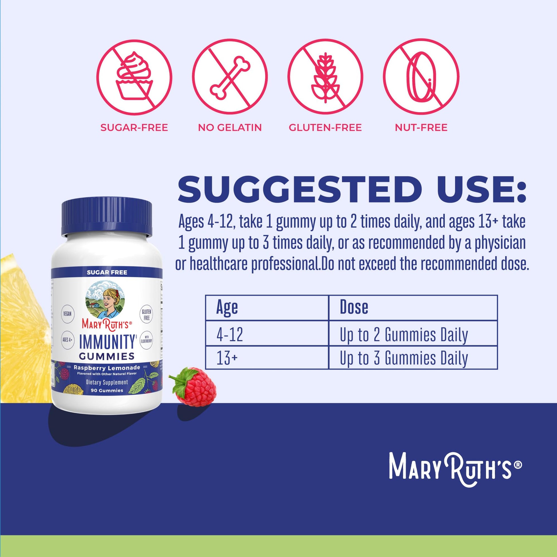 MaryRuth Organics Raspberry Lemonade flavor vegan immunity gummies close up shot