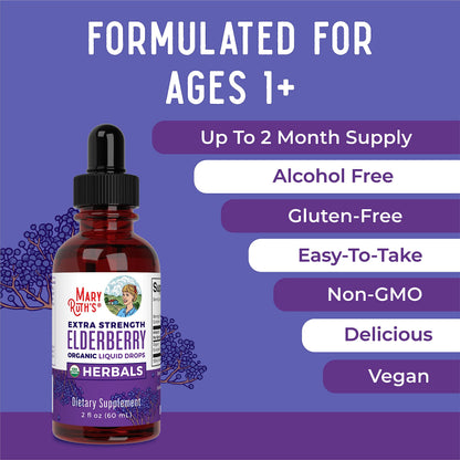 MaryRuth Organics extra strength sugar free elderberry tincture bottle with dropper
