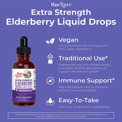 MaryRuth Organics elderberry syrup two fluid ounce bottle displaying ingredients