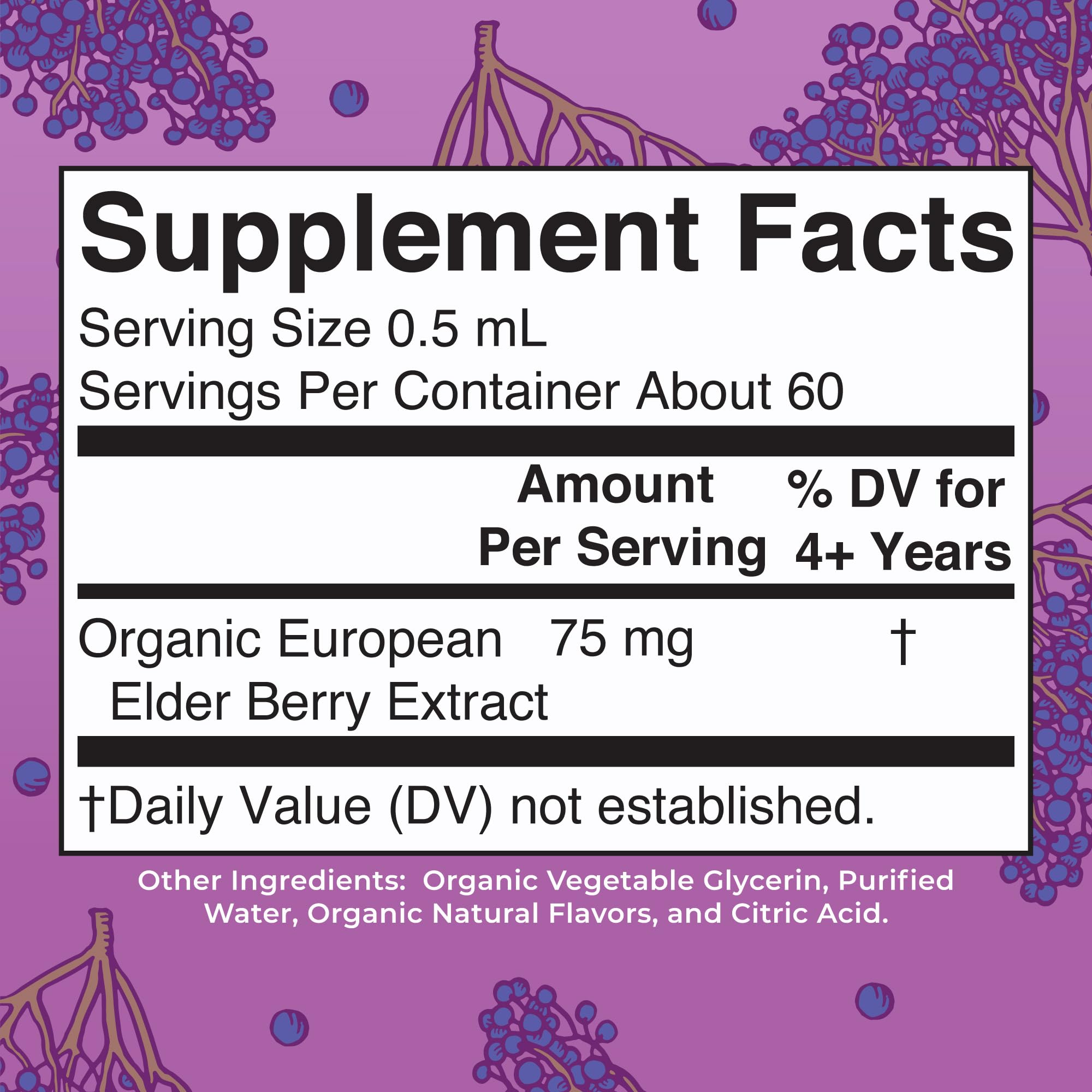MaryRuth Organics children organic elderberry supplement showing the ingredient list label