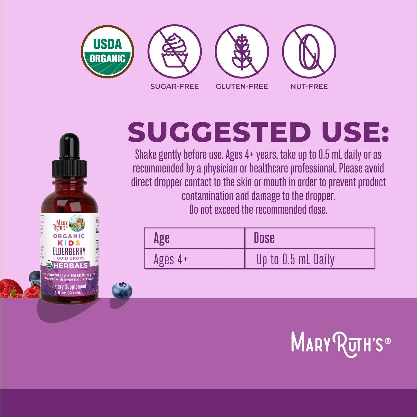 MaryRuth Organics vegan liquid immunity drops for kids on a clean plain backdrop