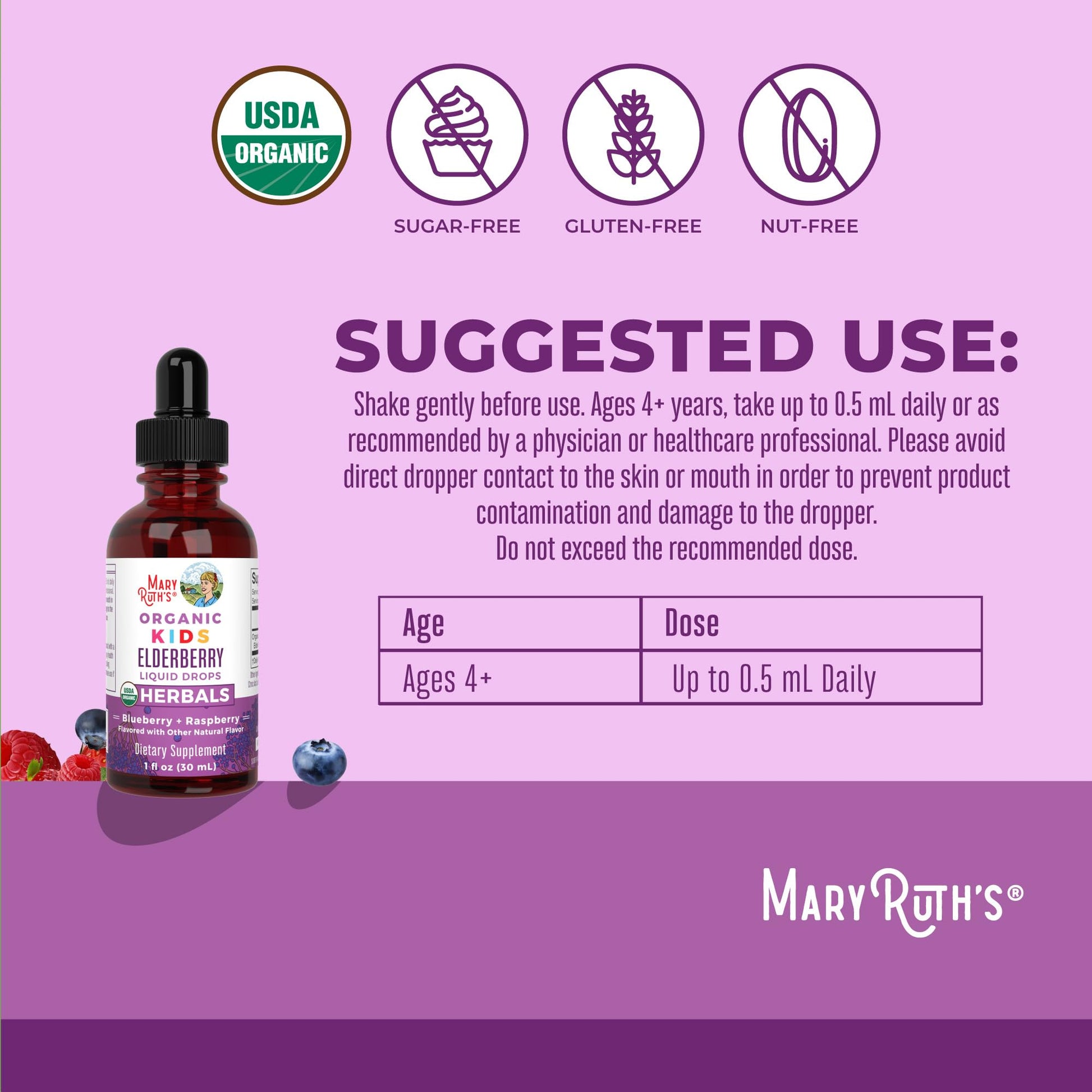 MaryRuth Organics vegan liquid immunity drops for kids on a clean plain backdrop