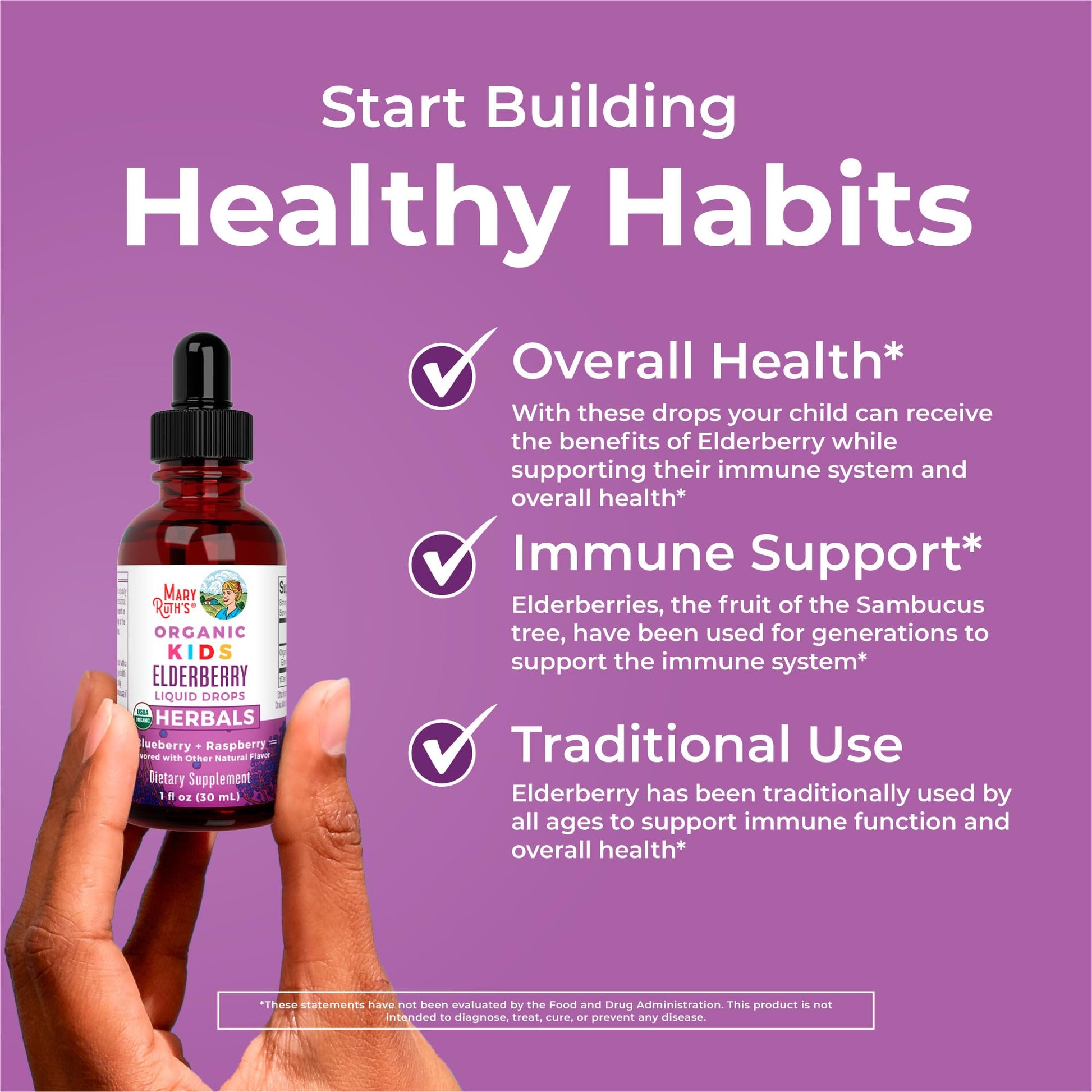 MaryRuth Organics allergy free elderberry syrup supplement for kids showing liquid dropper