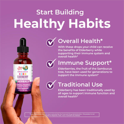 MaryRuth Organics allergy free elderberry syrup supplement for kids showing liquid dropper