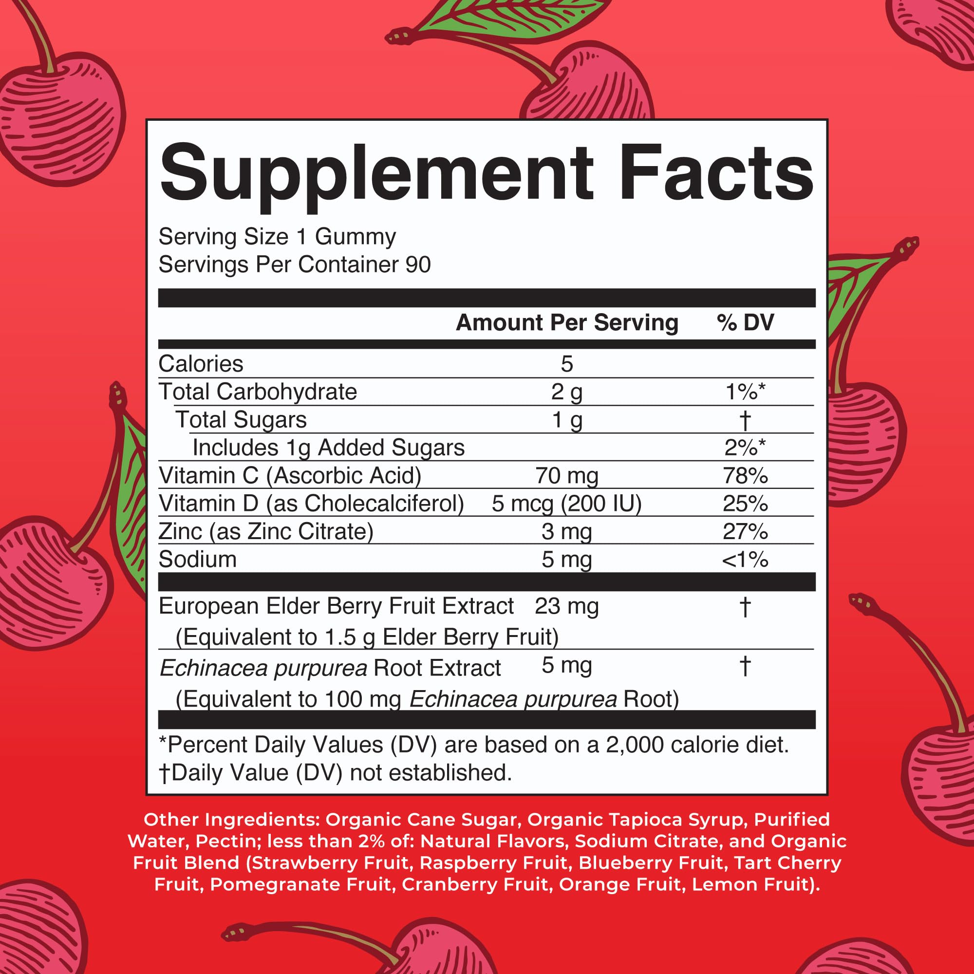 Side view of MaryRuth Organics elderberry vitamin C and zinc immunity gummies bottle detailing supplement facts and nutritional information.