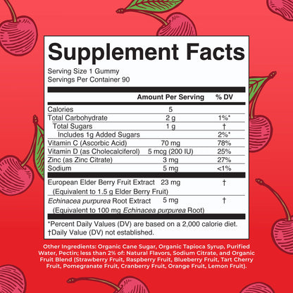 Side view of MaryRuth Organics elderberry vitamin C and zinc immunity gummies bottle detailing supplement facts and nutritional information.