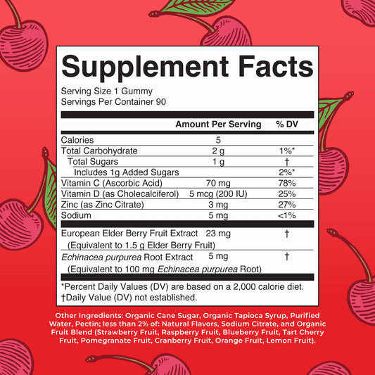 Side view of MaryRuth Organics elderberry vitamin C and zinc immunity gummies bottle detailing supplement facts and nutritional information.
