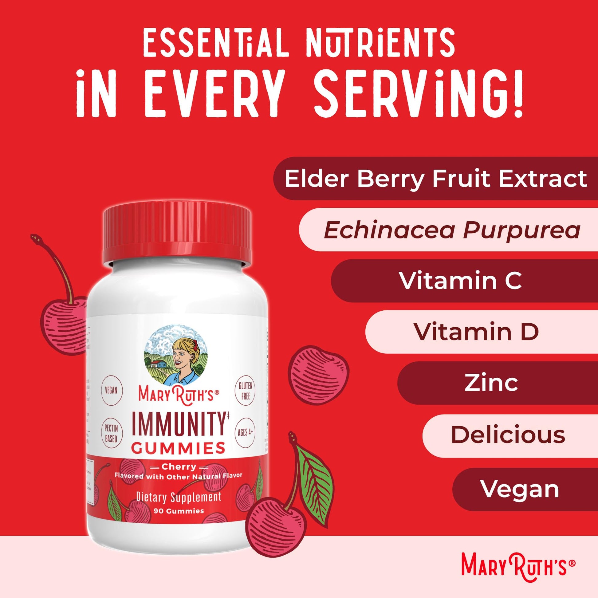 An array of reddish purple pectin based wellness gummies next to the MaryRuth Organics immune support bottle.