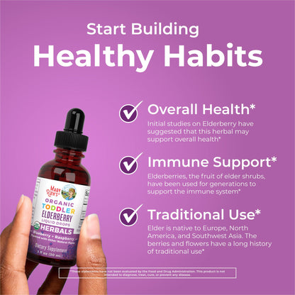 Sugar free toddler elderberry drops in raspberry and blueberry flavor for wellness