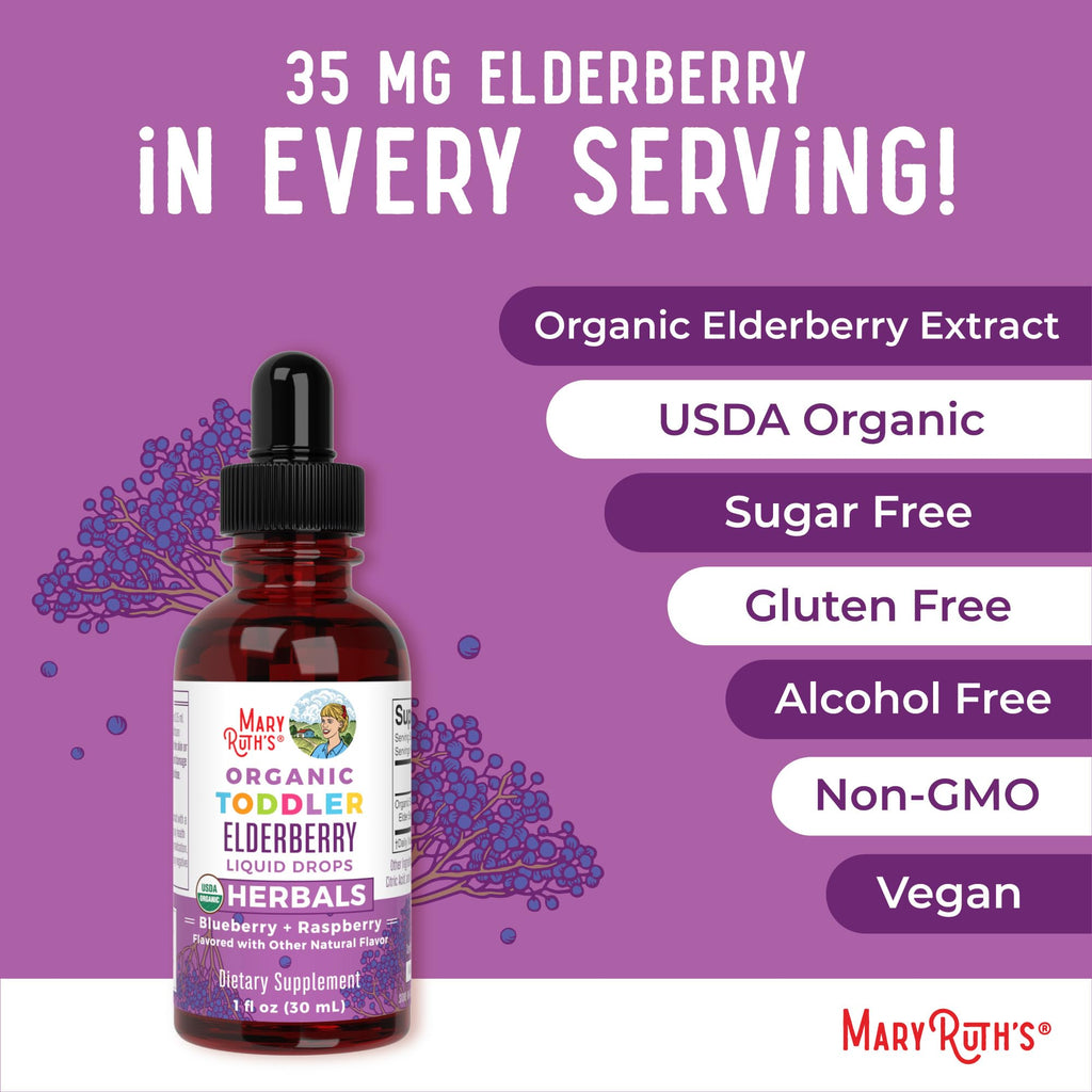 MaryRuth Organics baby elderberry drops 1 fluid ounce bottle packaging close up