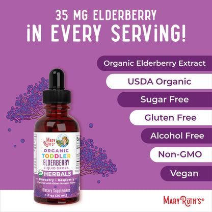 MaryRuth Organics baby elderberry drops 1 fluid ounce bottle packaging close up
