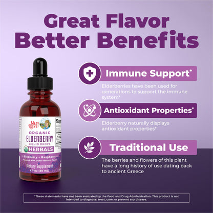 MaryRuth Organics liquid immune supplement featuring blueberry and raspberry flavor labels