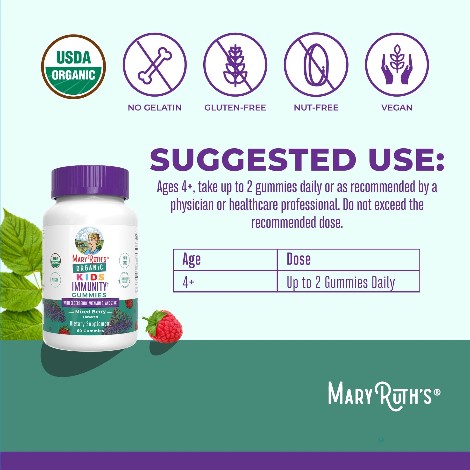 Supplement facts label on MaryRuth's organic elderberry zinc and vitamin c bottle