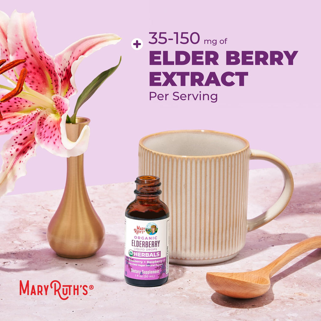 MaryRuth Organics elderberry tincture bottle showcasing vegan and non-GMO seals
